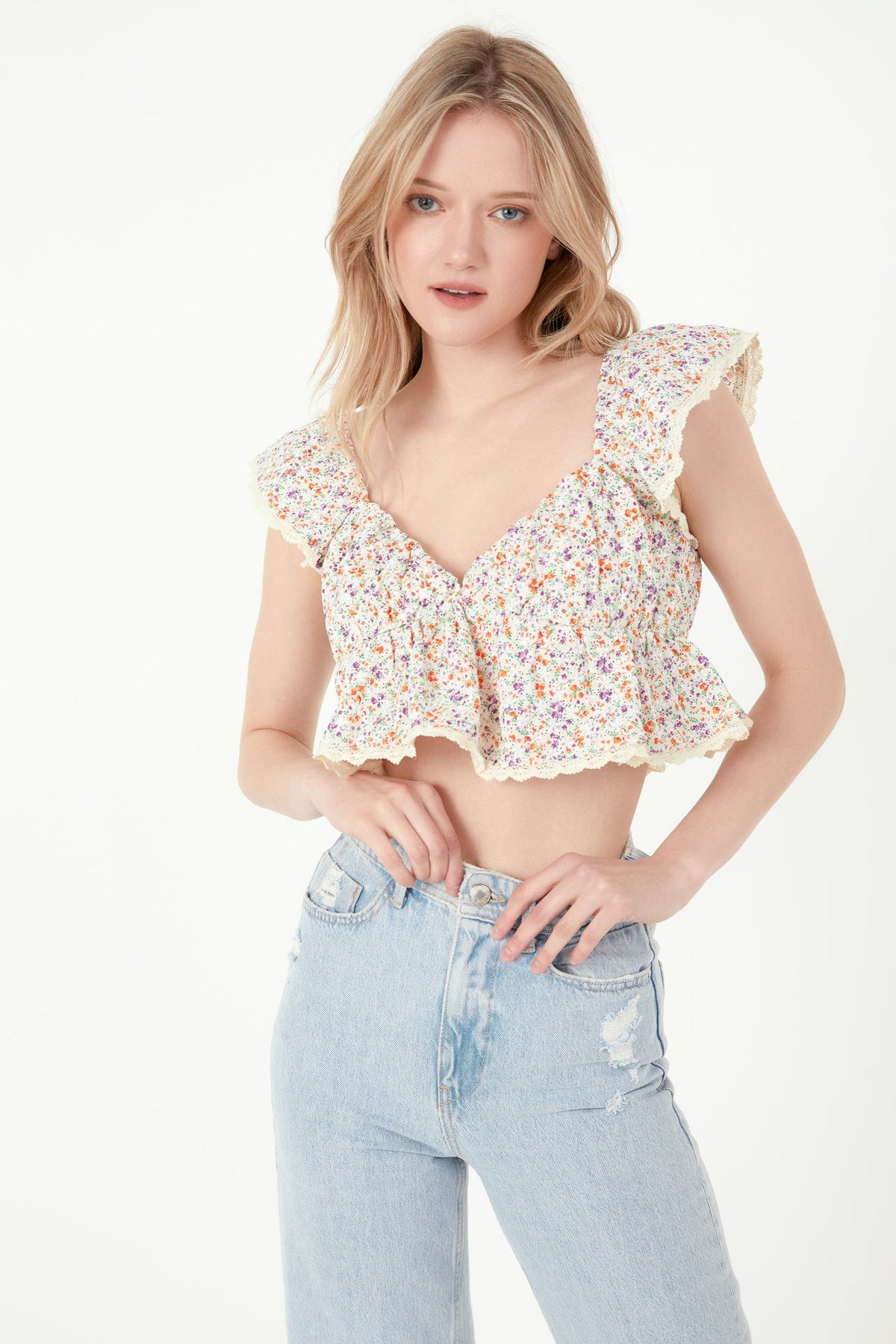FREE THE ROSES - Embroidered Ruffled Bandeau Top - TOPS available at Objectrare