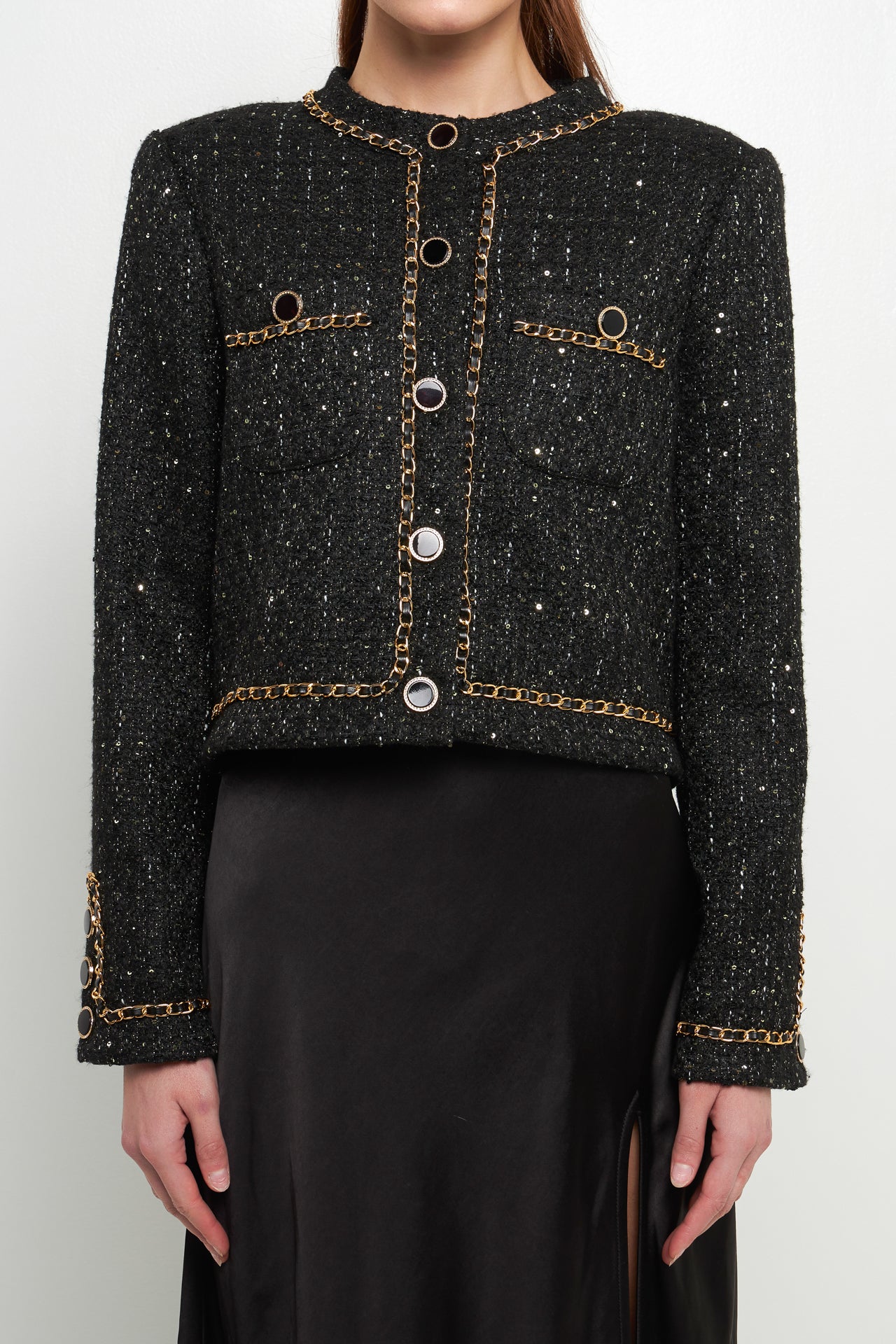 ENDLESS ROSE - Chain-Trimmed Tweed Jacket - JACKETS available at Objectrare