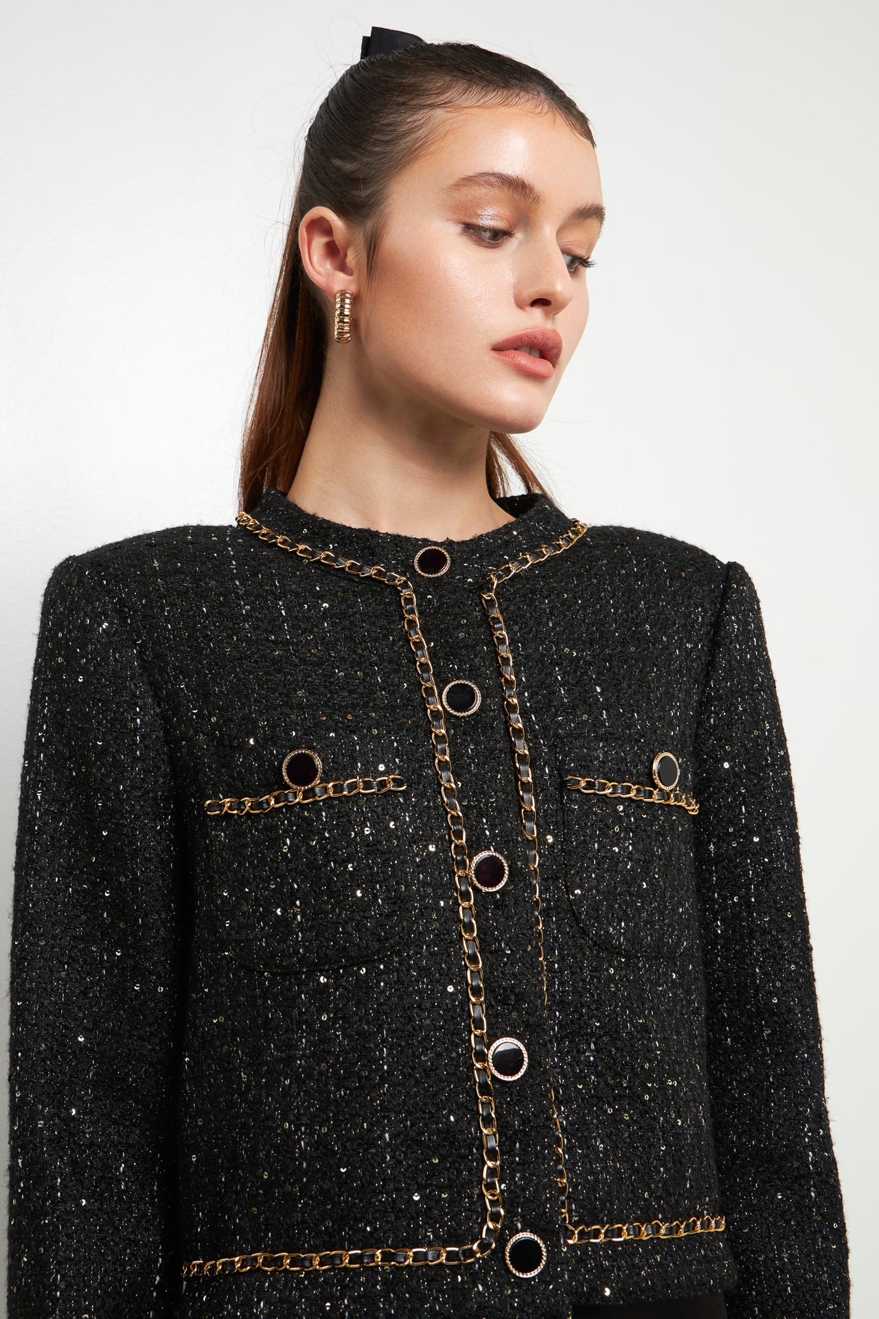 ENDLESS ROSE - Chain-Trimmed Tweed Jacket - JACKETS available at Objectrare
