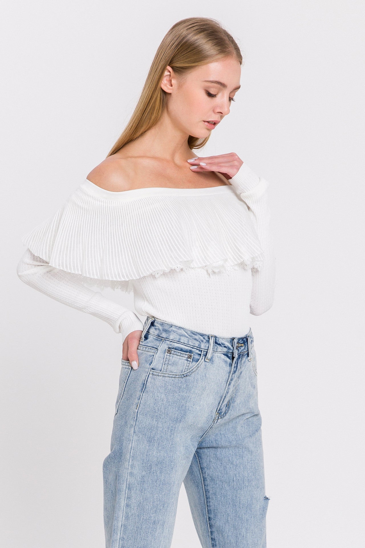 OBJECTRARE - Lace Ruffle Off-The-Shoulder Top - SWEATERS & KNITS available at Objectrare