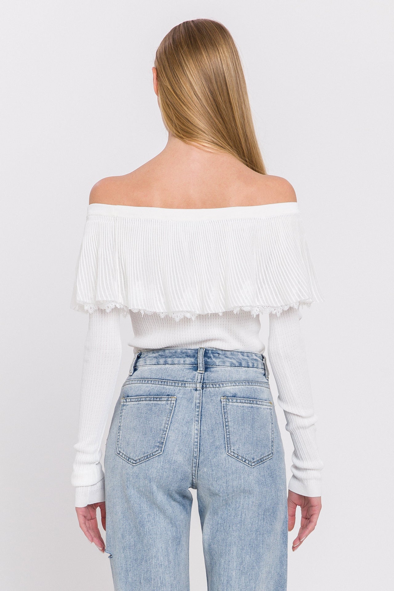 OBJECTRARE - Lace Ruffle Off-The-Shoulder Top - SWEATERS & KNITS available at Objectrare