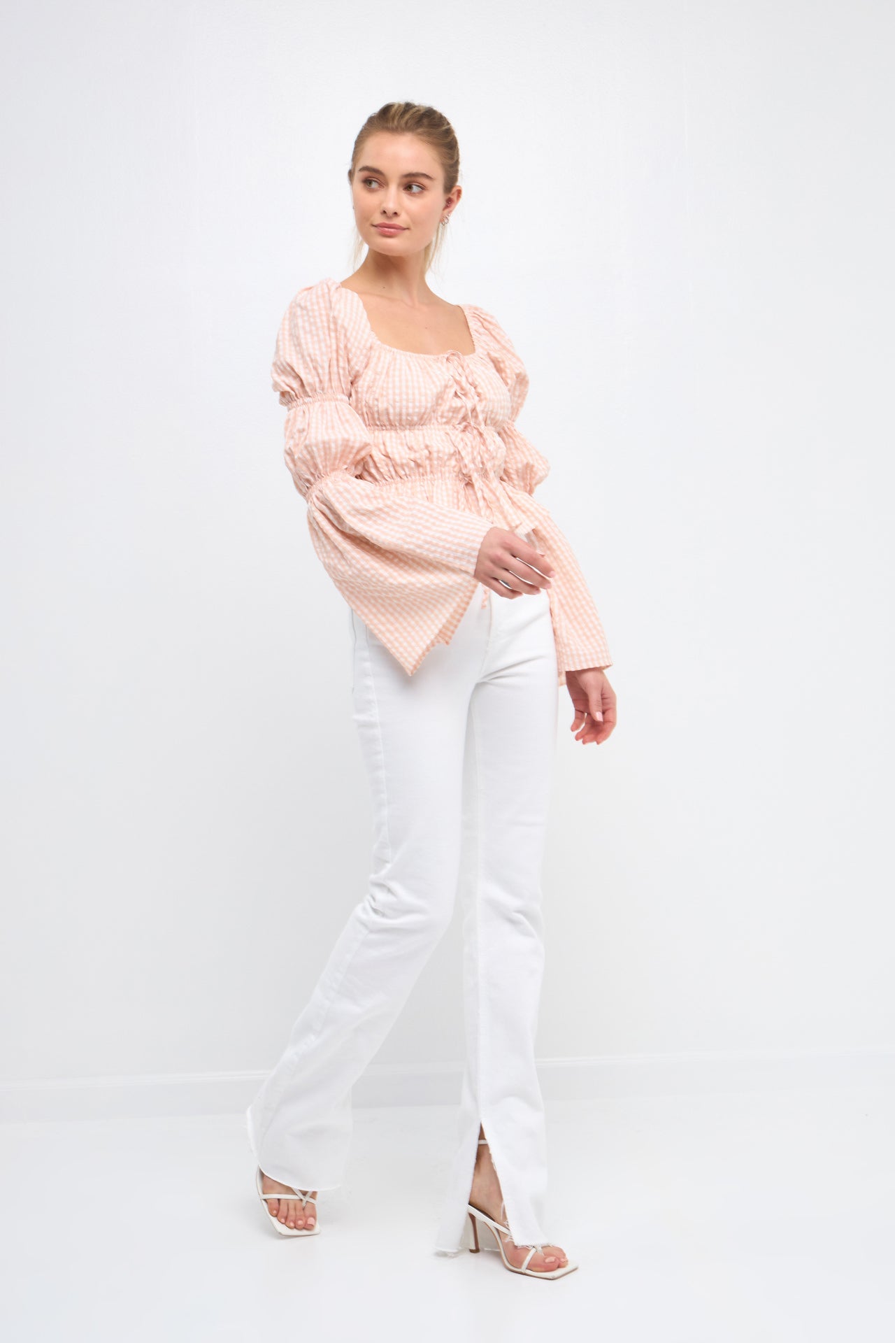 ENGLISH FACTORY - Tie Detailed Shirring Top with Long Sleeves - TOPS available at Objectrare