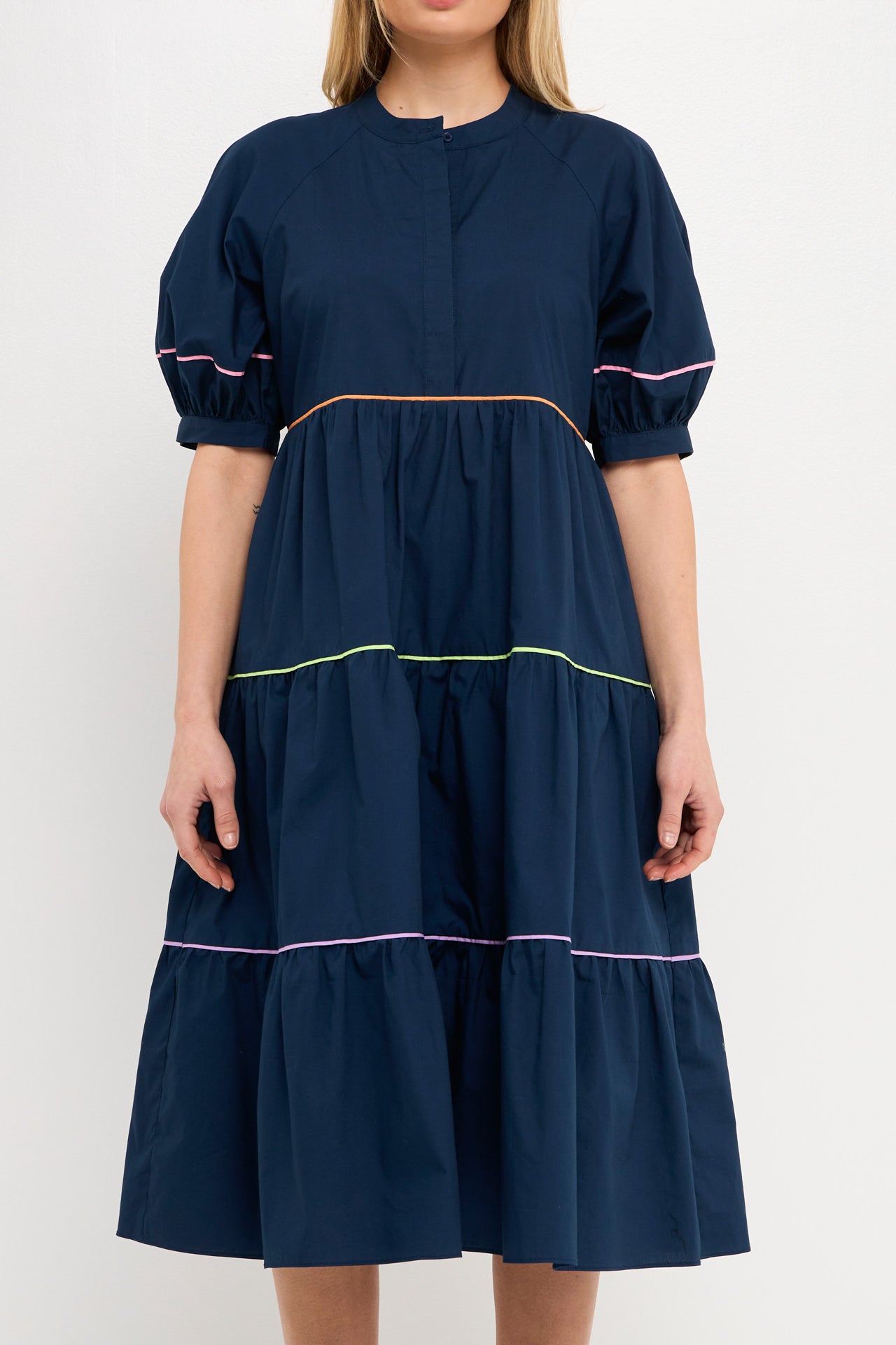 ENGLISH FACTORY - Short Puff Sleeve Dress Piping Detail - DRESSES available at Objectrare