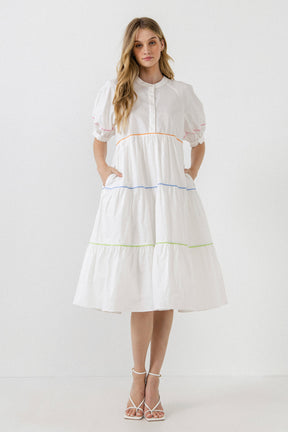 ENGLISH FACTORY - Short Puff Sleeve Dress Piping Detail - DRESSES available at Objectrare