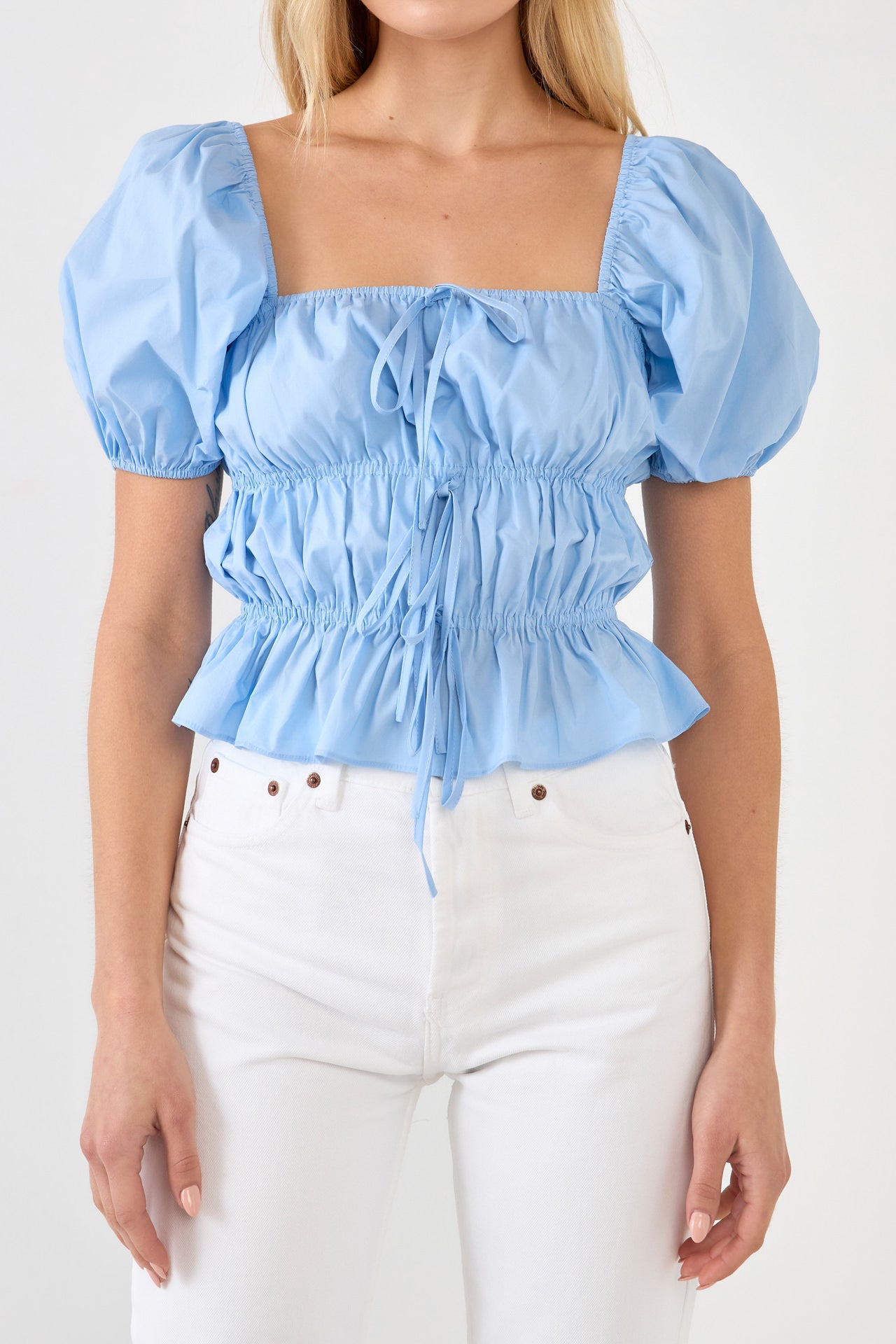 ENGLISH FACTORY - Tie Detail Shirring Top with Short Sleeves - TOPS available at Objectrare