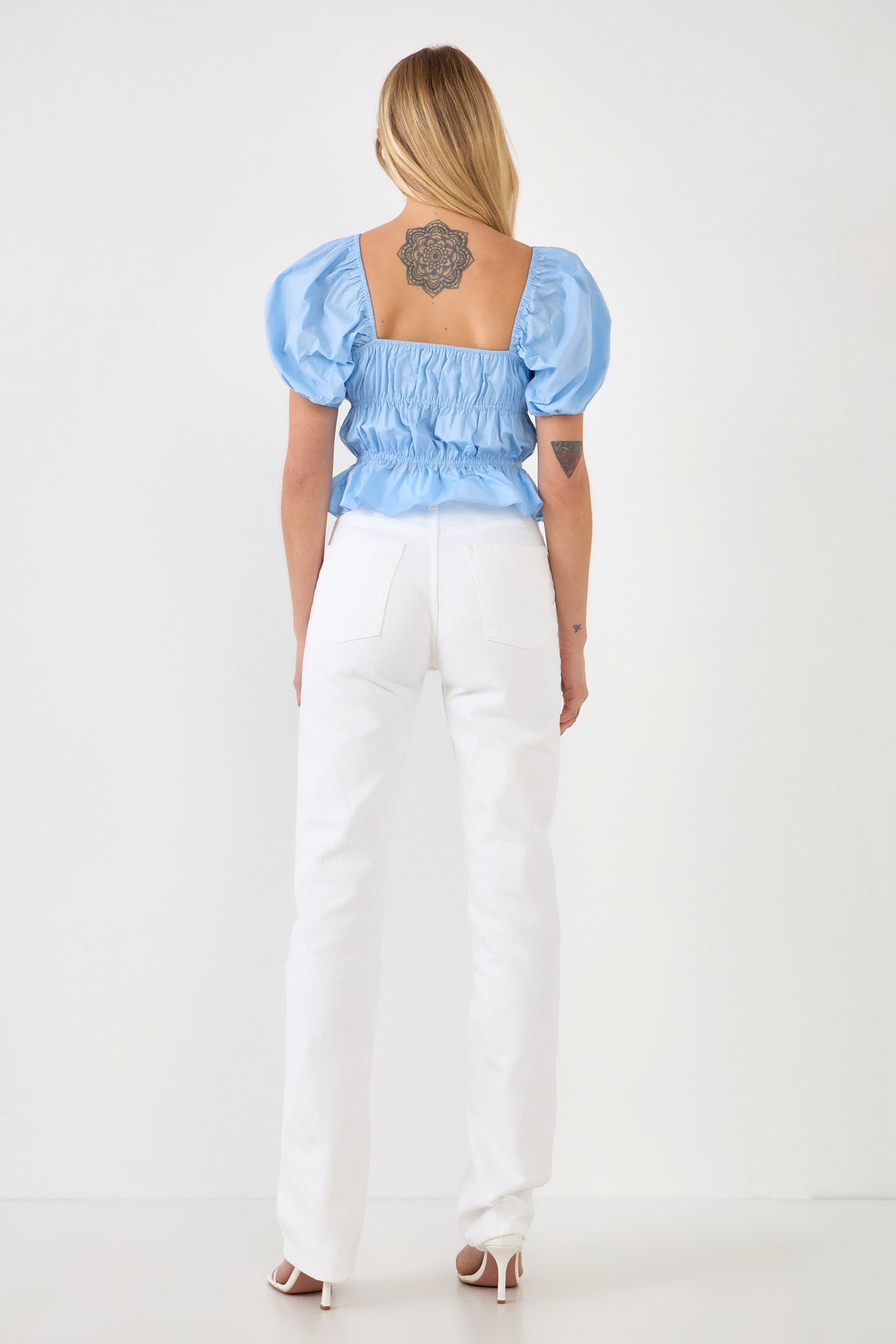 ENGLISH FACTORY - Tie Detail Shirring Top with Short Sleeves - TOPS available at Objectrare