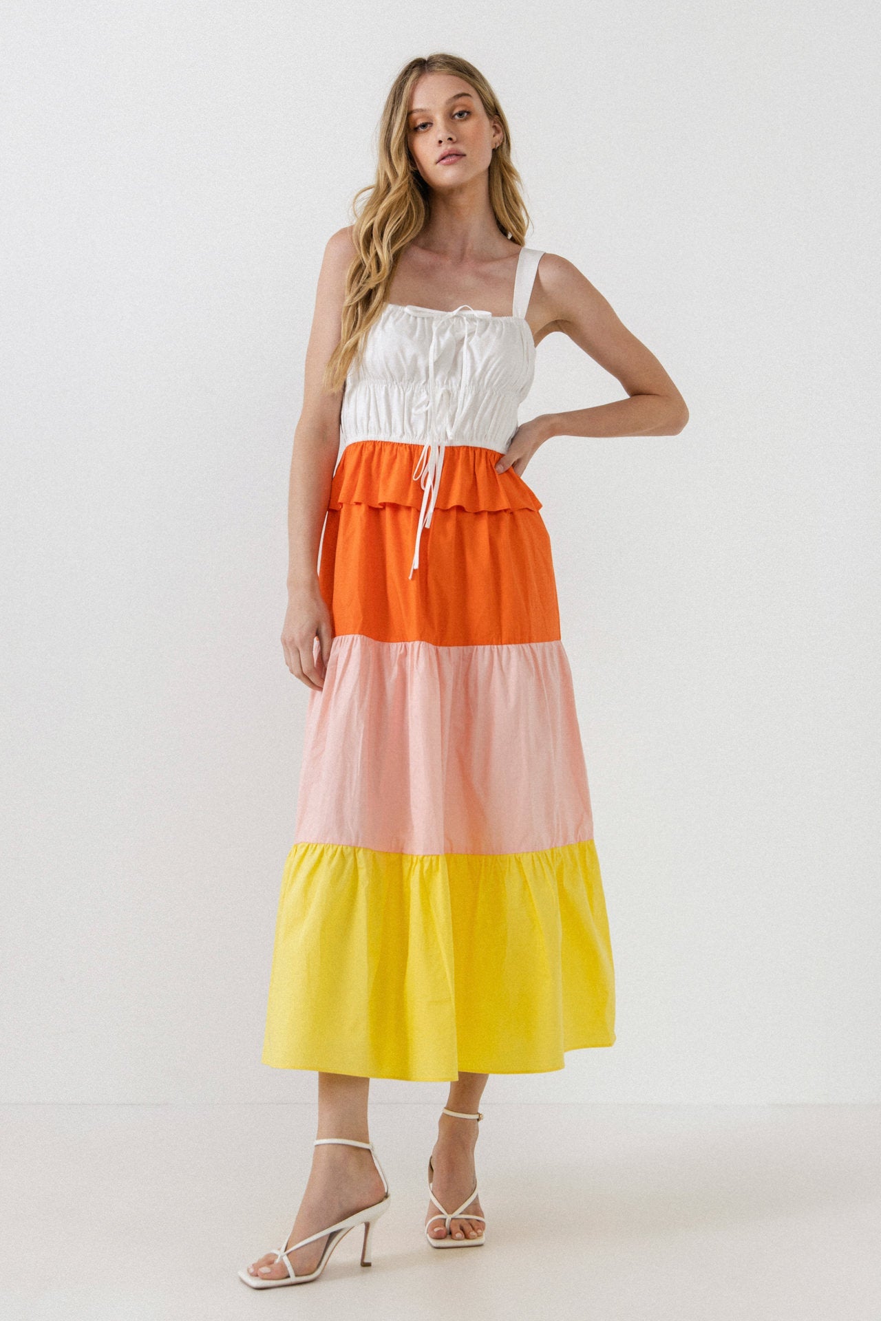 Color Block Tied Detail Shirring Dress