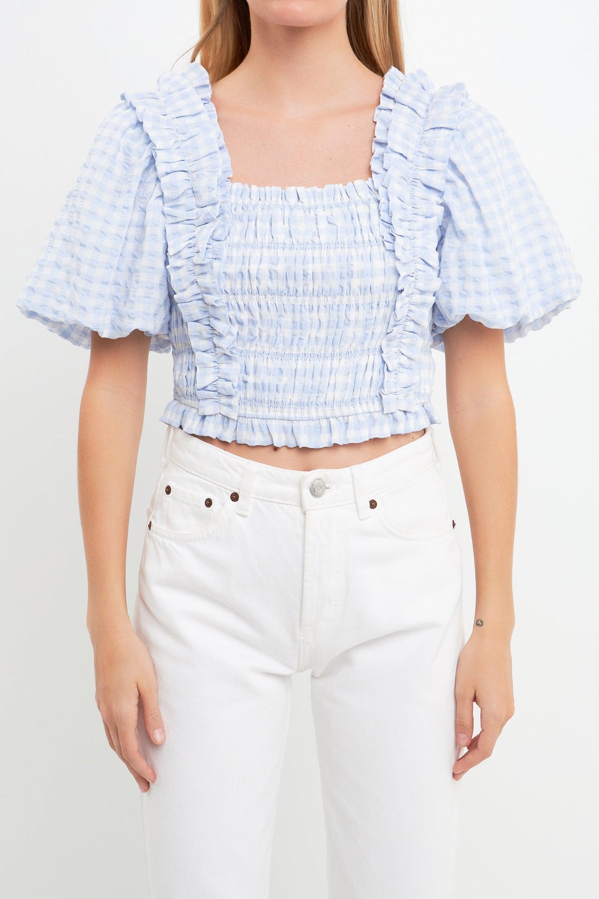 ENGLISH FACTORY - Gingham Smocked Puff Sleeve Top - TOPS available at Objectrare