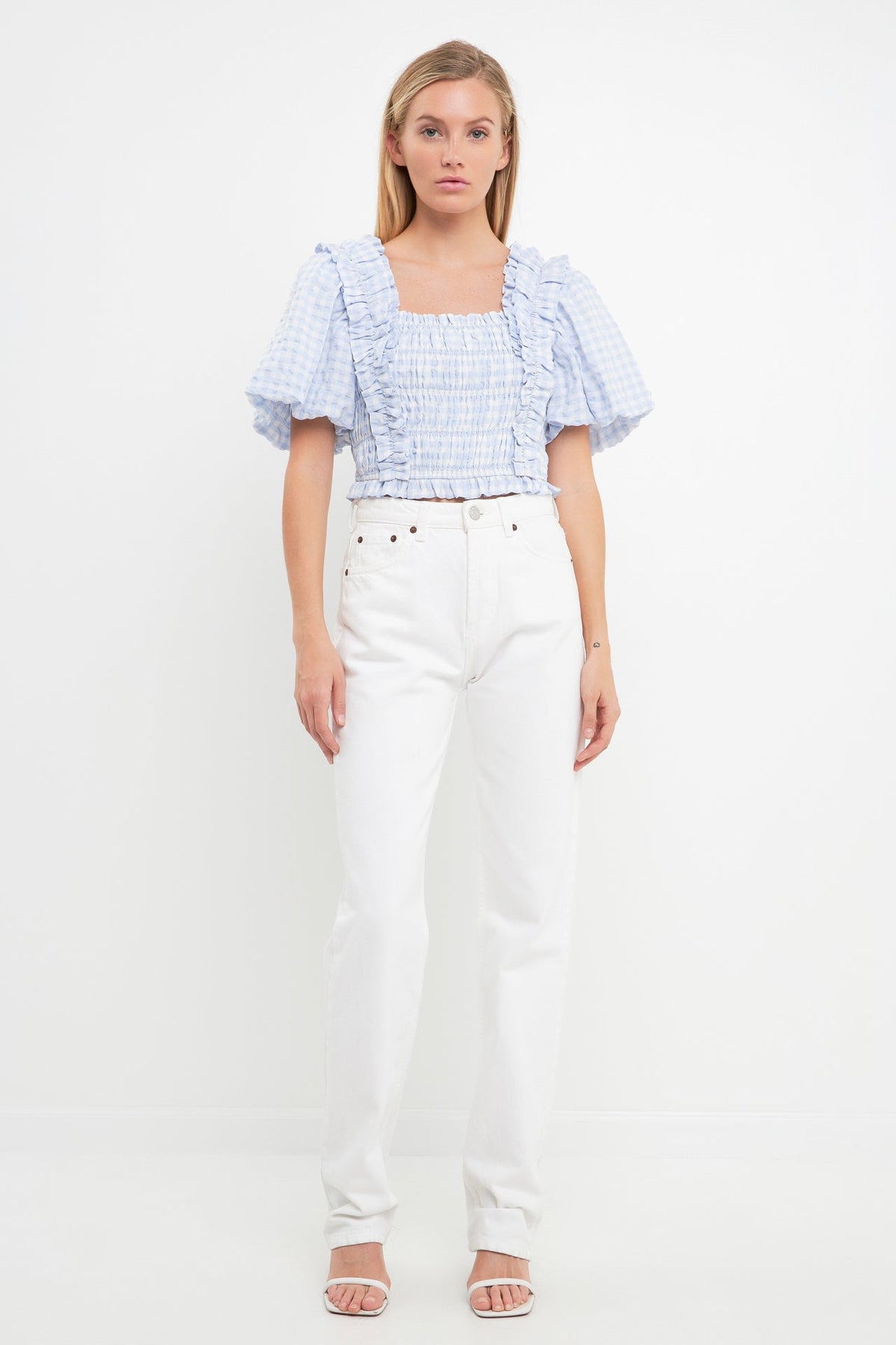 ENGLISH FACTORY - Gingham Smocked Puff Sleeve Top - TOPS available at Objectrare