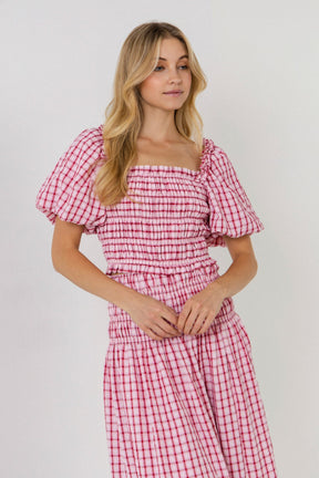 ENGLISH FACTORY - Check Smocked Puff Sleeves Top - TOPS available at Objectrare