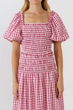 ENGLISH FACTORY - Check Smocked Puff Sleeves Top - TOPS available at Objectrare