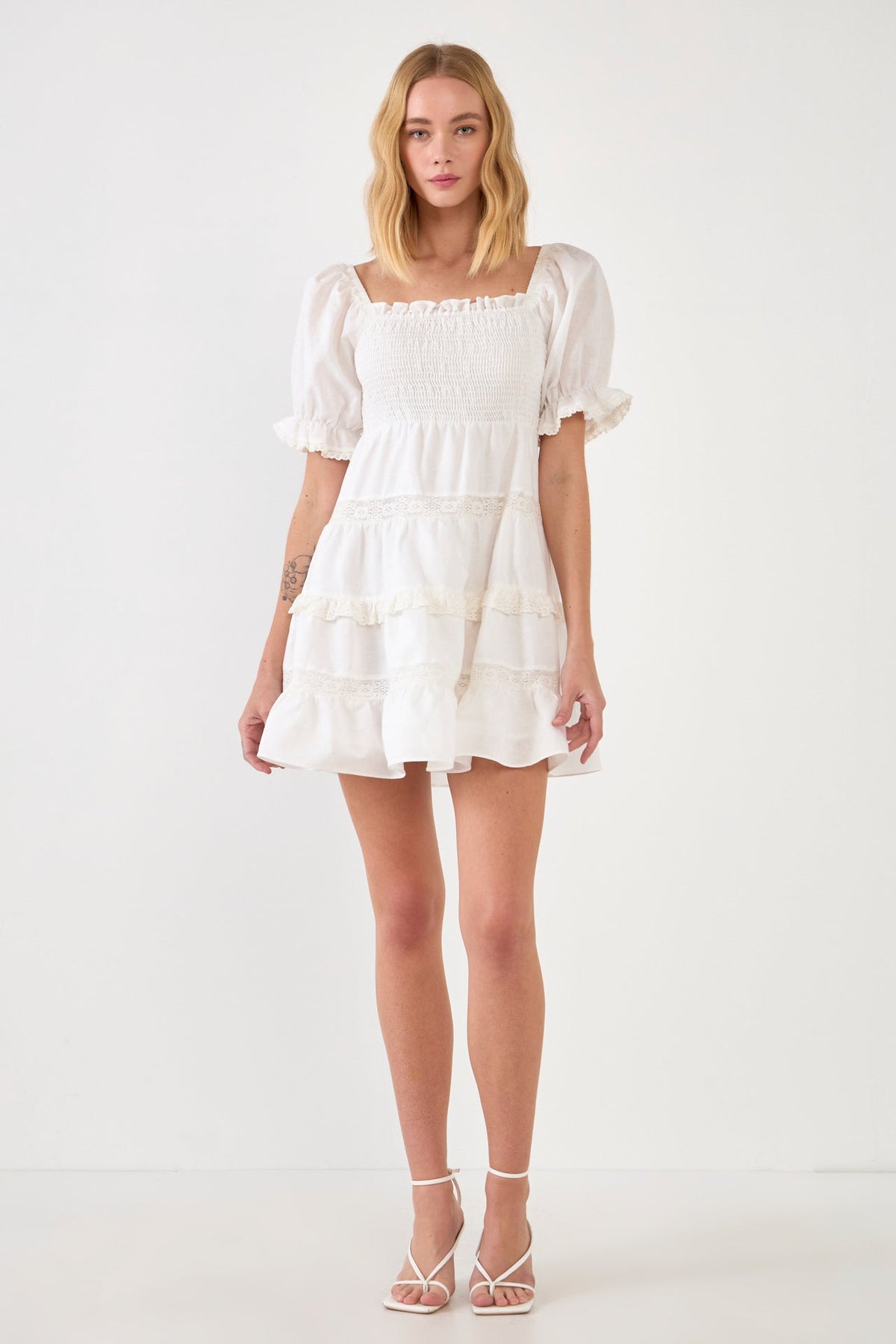 ENDLESS ROSE - Linen Smocked Mini Dress with Lace - DRESSES available at Objectrare