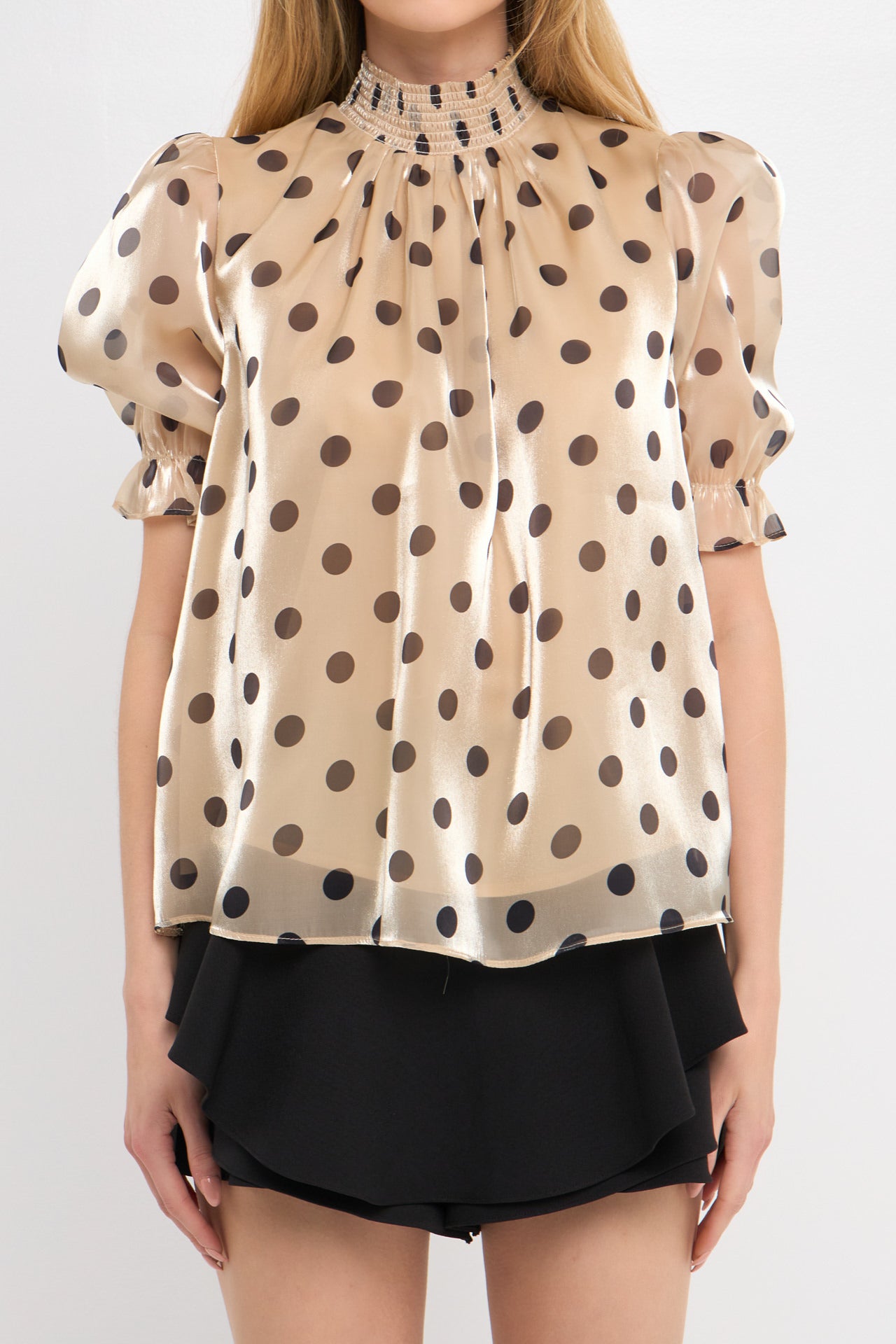 ENGLISH FACTORY - Mock Neck Polka-dot Puff Sleeve Top - TOPS available at Objectrare