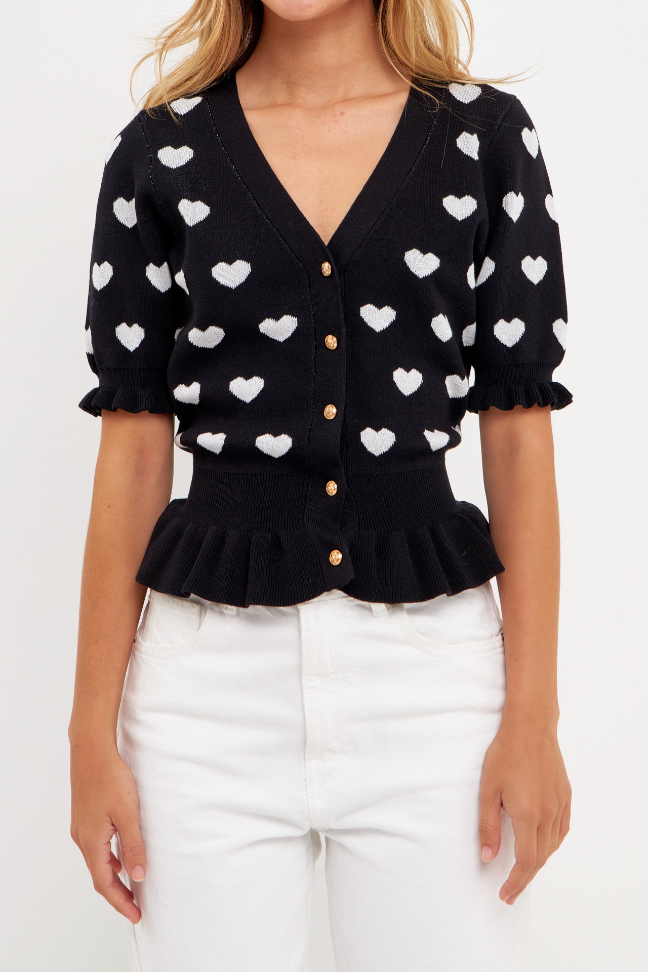 ENGLISH FACTORY - Heart Cardigan with Short Puff Sleeve - SWEATERS & KNITS available at Objectrare