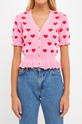 ENGLISH FACTORY - Heart Cardigan with Short Puff Sleeve - SWEATERS & KNITS available at Objectrare