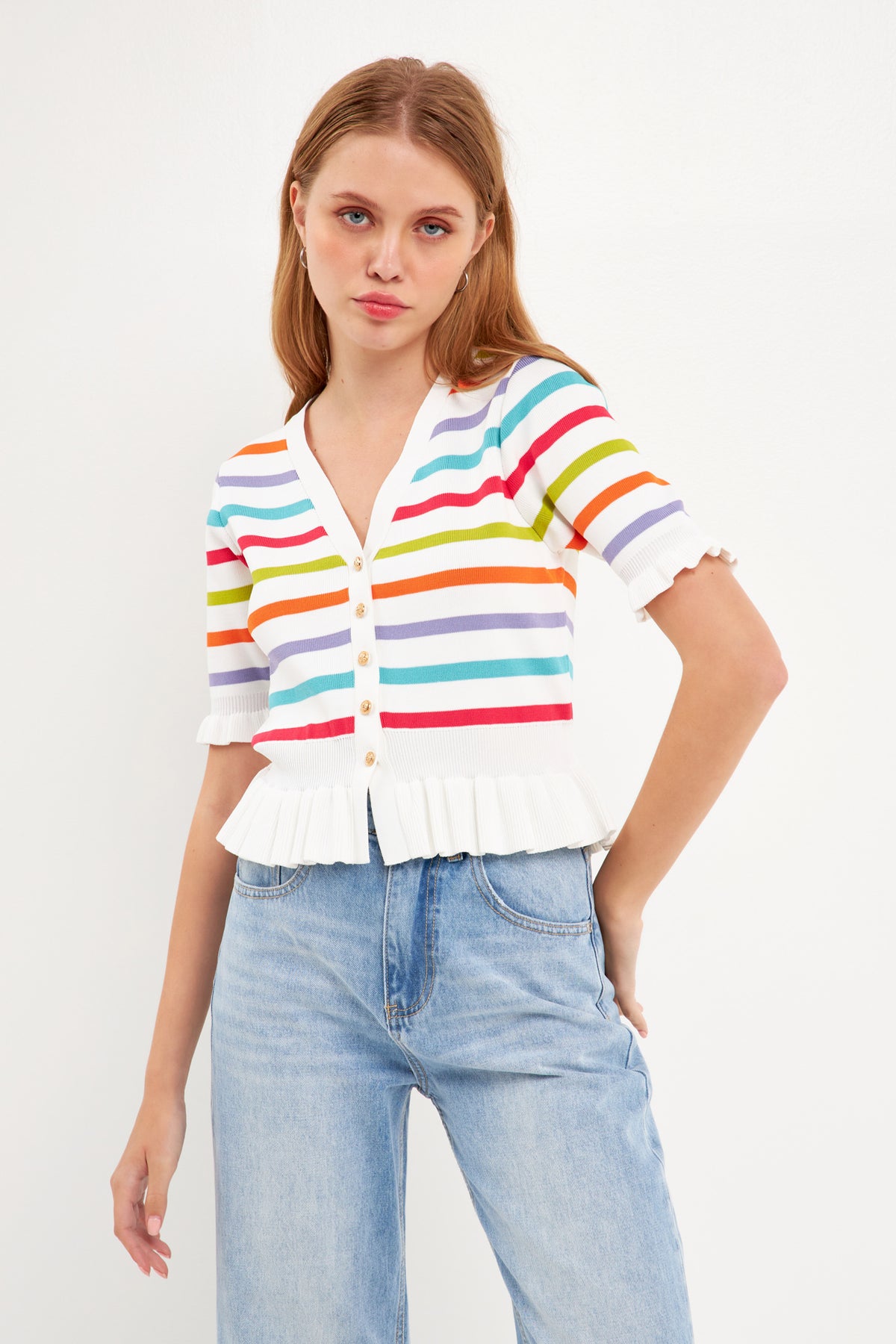 ENGLISH FACTORY - Striped Cardigan with Short Puff Sleeves - SWEATERS & KNITS available at Objectrare