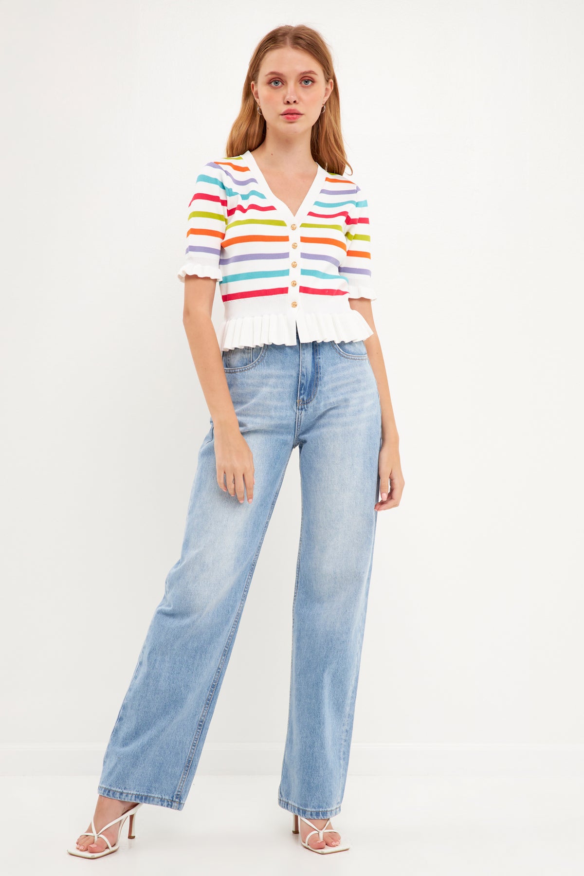 ENGLISH FACTORY - Striped Cardigan with Short Puff Sleeves - SWEATERS & KNITS available at Objectrare