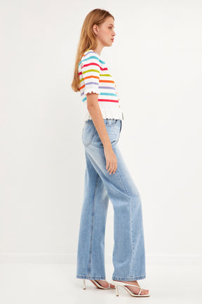 ENGLISH FACTORY - Striped Cardigan with Short Puff Sleeves - SWEATERS & KNITS available at Objectrare