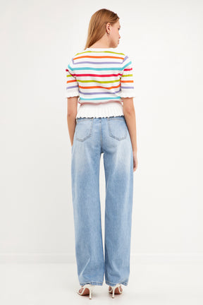 ENGLISH FACTORY - Striped Cardigan with Short Puff Sleeves - SWEATERS & KNITS available at Objectrare