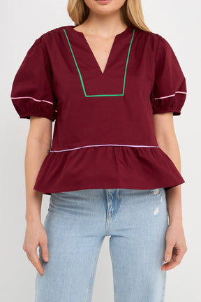 ENGLISH FACTORY - Piping Detail Top with Short Puff Sleeves - TOPS available at Objectrare