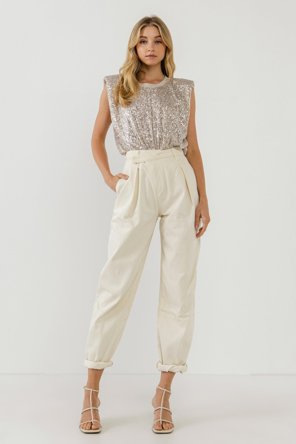 ENDLESS ROSE - Sequin Shoulder Pad Top - T-SHIRTS available at Objectrare