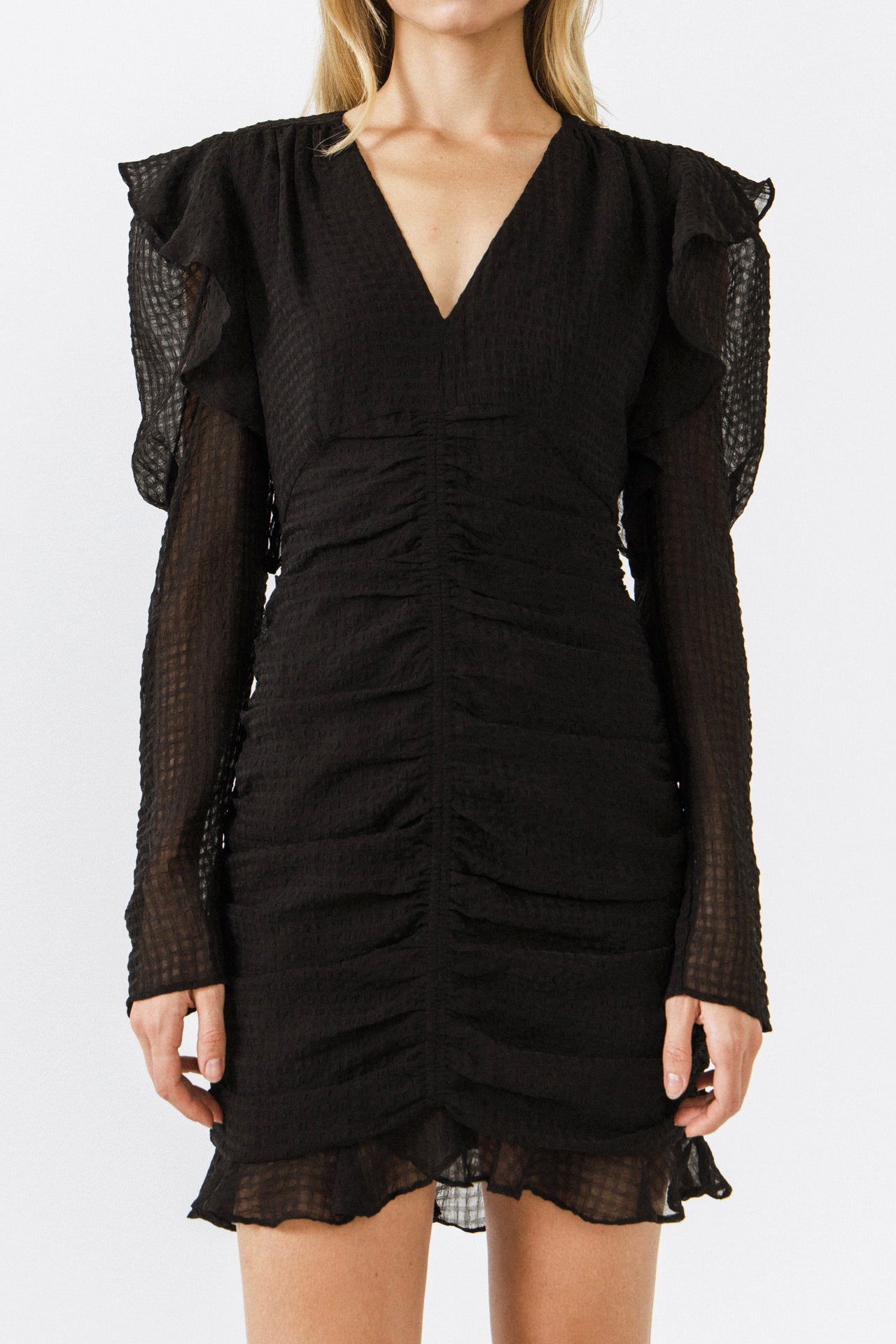 ENDLESS ROSE - Textured Long Sleeves Ruched Mini Dress - DRESSES available at Objectrare