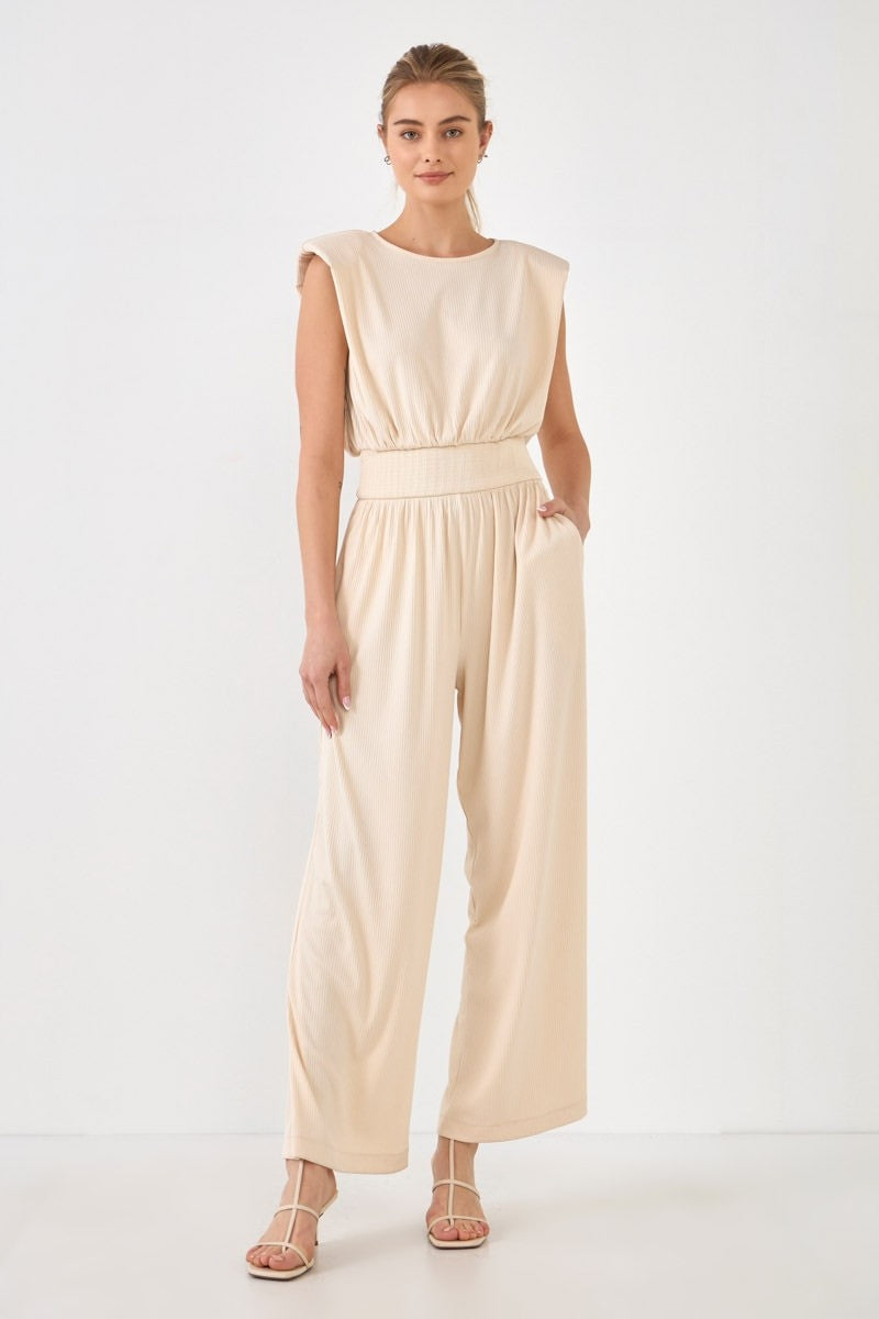 ENDLESS ROSE - Shoulder Pad Jumpsuit with Smocked Waist - JUMPSUITS available at Objectrare