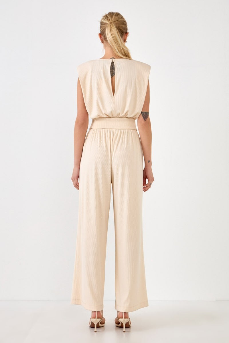 ENDLESS ROSE - Shoulder Pad Jumpsuit with Smocked Waist - JUMPSUITS available at Objectrare